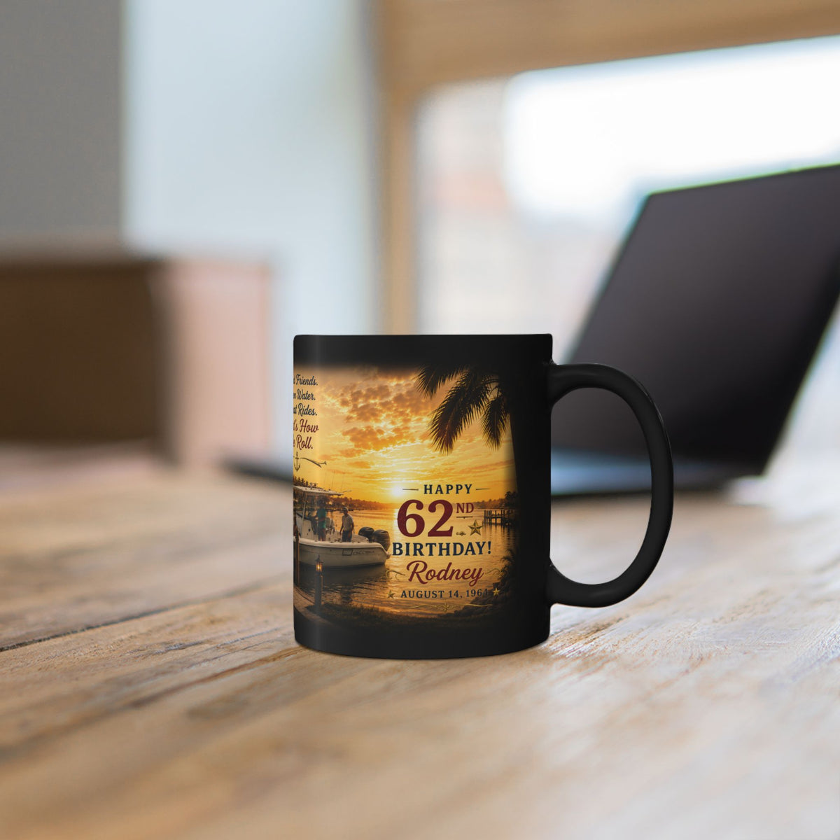 Personalized 62nd Birthday Fishing Boat Mug – Sunset Marina Tribute (Custom Name & Year)
