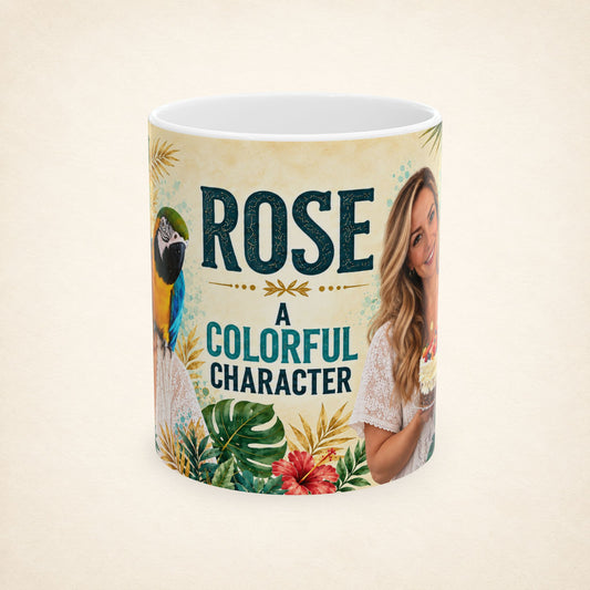 Personalized “A Colorful Character” Photo Mug – Custom Name, Portrait & Tropical Parrot Design – 11 oz
