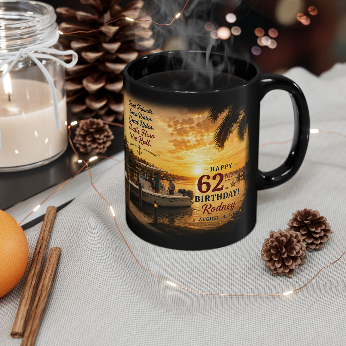 Personalized 62nd Birthday Fishing Boat Mug – Sunset Marina Tribute (Custom Name & Year)