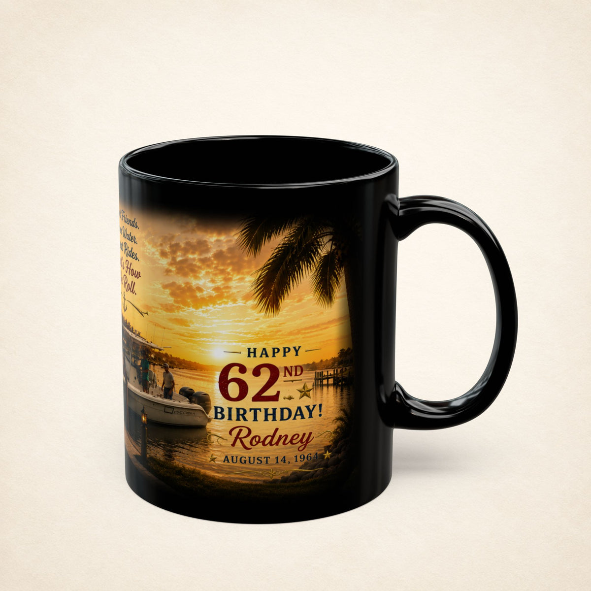 Personalized 62nd Birthday Fishing Boat Mug – Sunset Marina Tribute (Custom Name & Year)