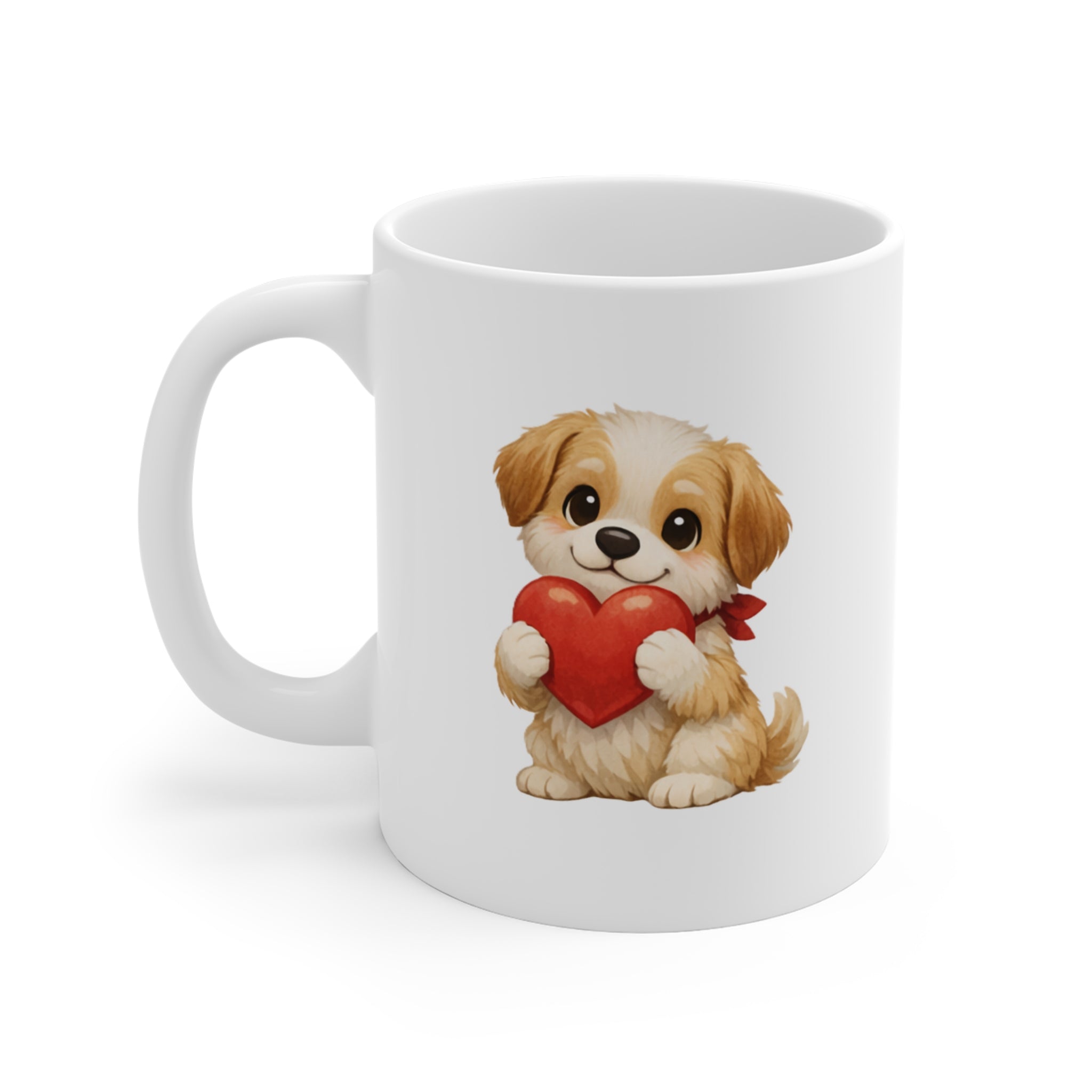 Cute Puppy Holding Heart Mug — Adorable Dog Love Coffee Cup (11oz)