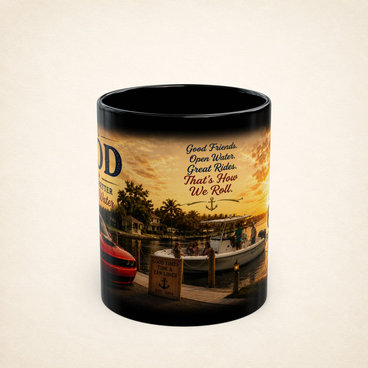 Personalized 62nd Birthday Fishing Boat Mug – Sunset Marina Tribute (Custom Name & Year)
