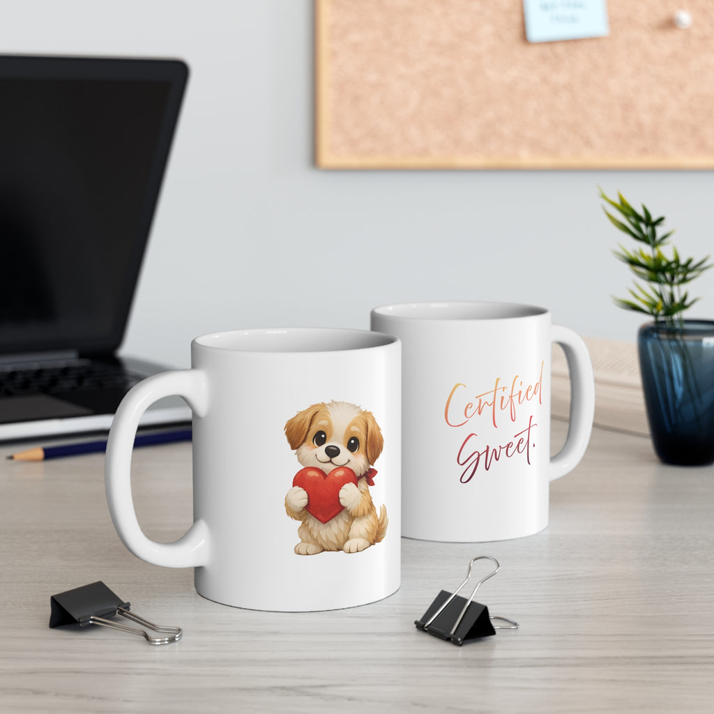 Cute Puppy Holding Heart Mug — Adorable Dog Love Coffee Cup (11oz)