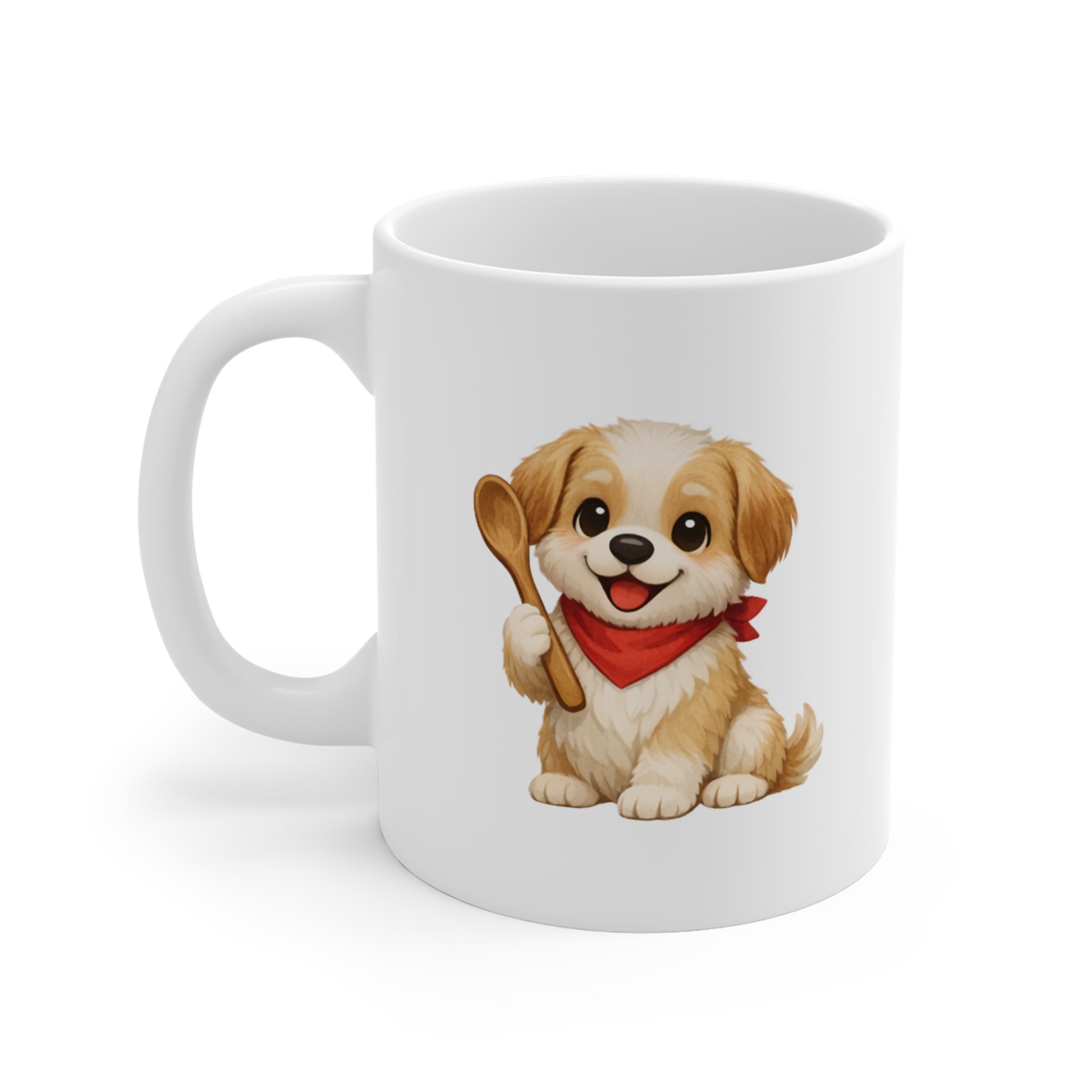 Cute Puppy Coffee Mug — Adorable Dog with Spoon 11 oz