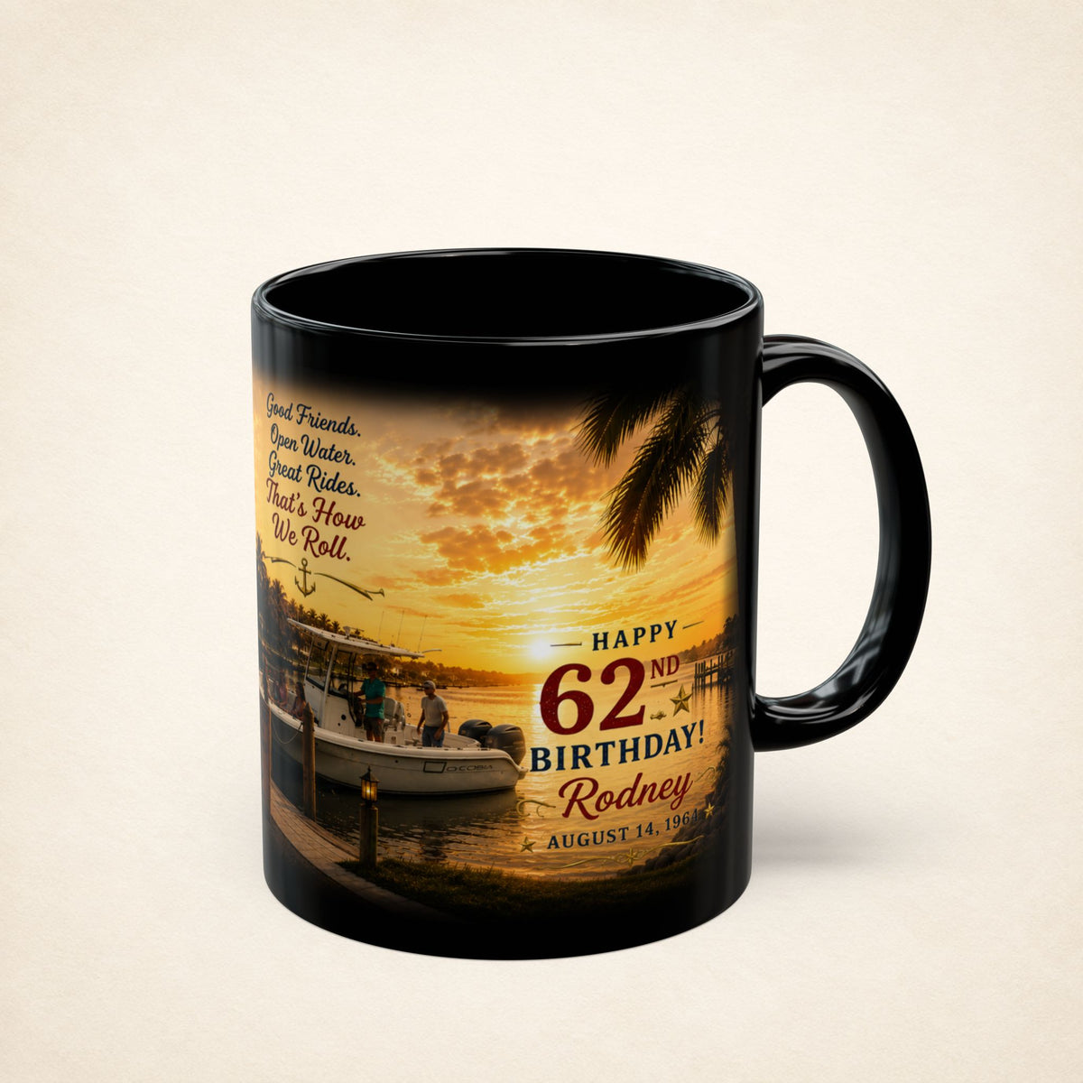 Personalized 62nd Birthday Fishing Boat Mug – Sunset Marina Tribute (Custom Name & Year)