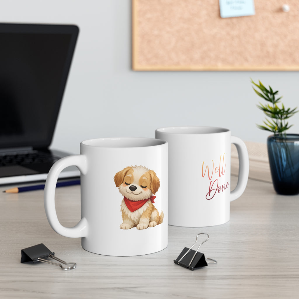 Cute Puppy Mug - 11oz Ceramic Coffee Cup with Shy proud Dog Illustration